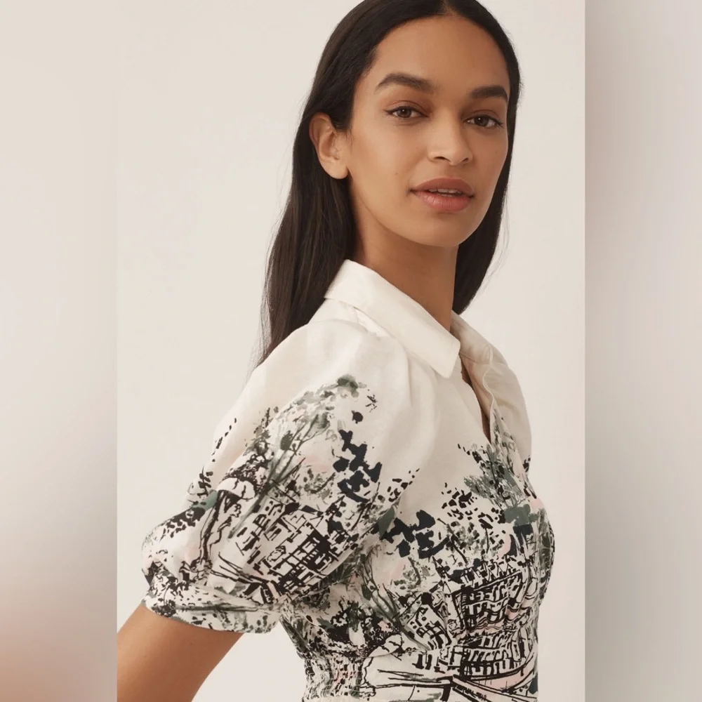 Anthropologie Linen Short-Sleeve Collared Mini Shirt Dress - Picture 4 of 4